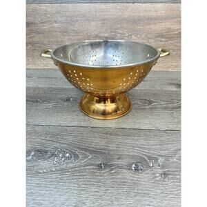 Vintage ODI 9'' Copper Colander Strainer Brass Handles Pedestal Footed Korea